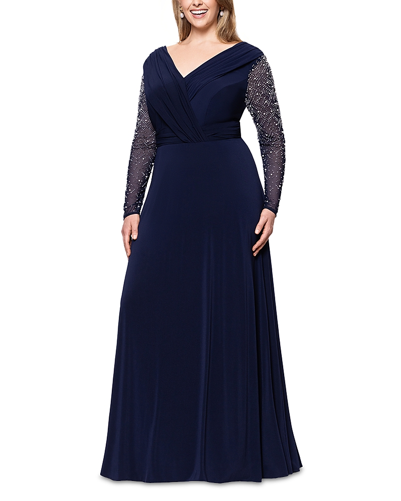 BETSY & ADAM PLUS BEADED SLEEVE V NECK GOWN