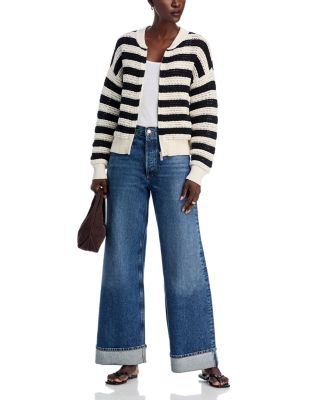 Open Knit Bomber Crewneck Cardigan Sweater