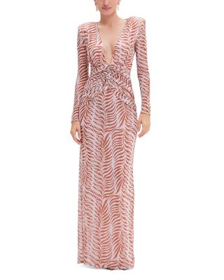 Printed Long Sleeve Deep V Maxi Dress