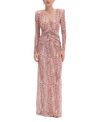 Printed Long Sleeve Deep V Maxi Dress
