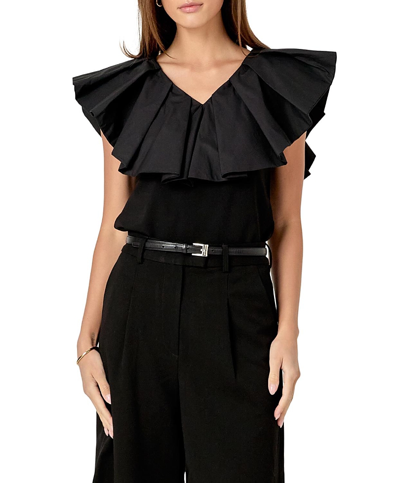 English Factory Mixed Media Ruffle Sleeveless Top
