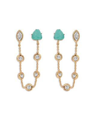 Turquoise & Cubic Zirconia Chain Connected Double Stud Earrings