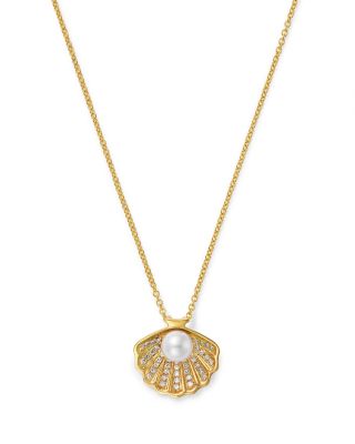 Akoya Pearl & Diamond Shell Pendant Necklace in 14K Yellow Gold, 16-18"