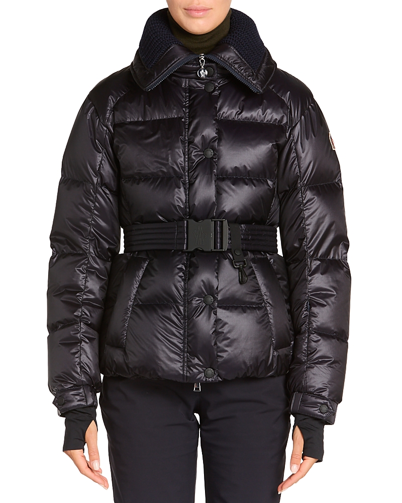 Moncler Puffer Jacket With Belted Waist And High Collar In Black