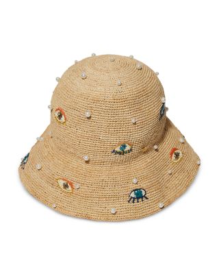 Lele Sadoughi - Evil Eye Embroidered Raffia Bucket Hat