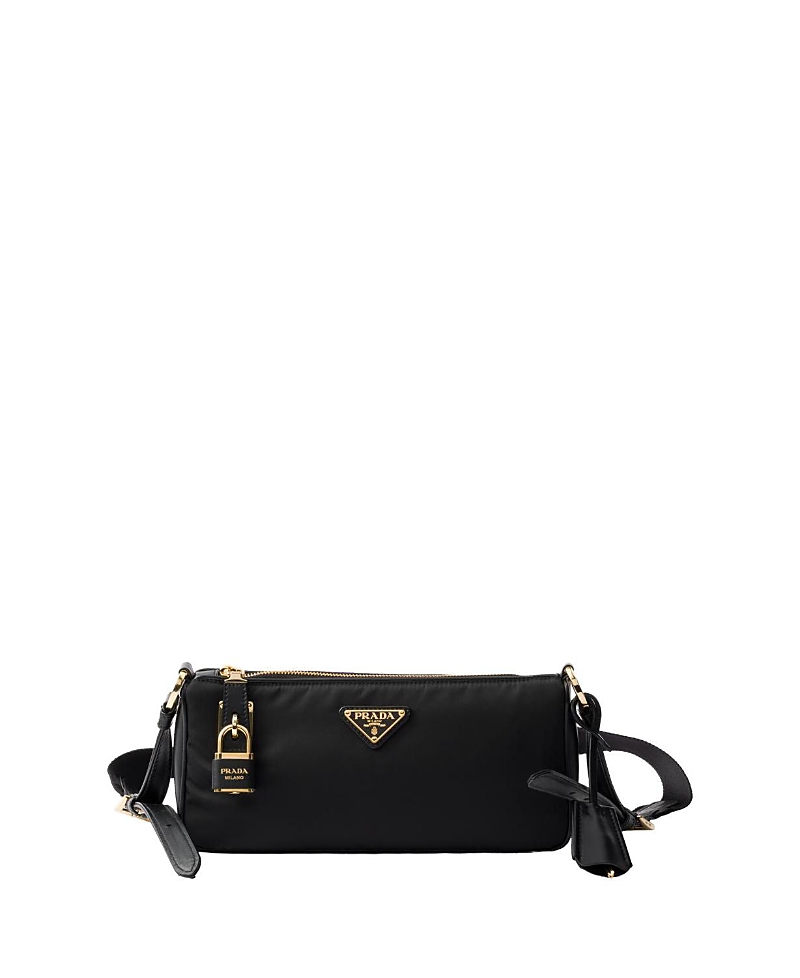 Prada Small Re-nylon And Leather Shoulder Bag With Padlock In Black
