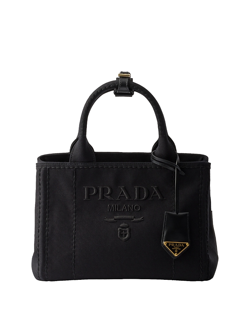 Prada Womens Black Triangle-plaque Embroidered-jacquard Medium Woven Tote Bag