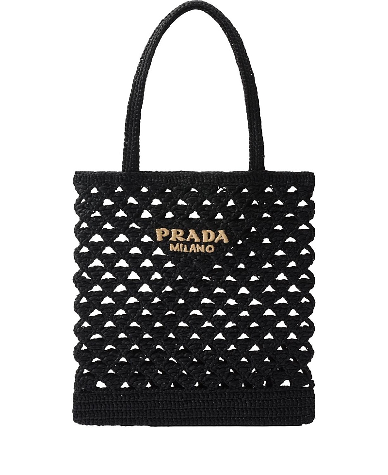 Prada Straw Tote Bag With Knit Design And Shoulder Straps In Black
