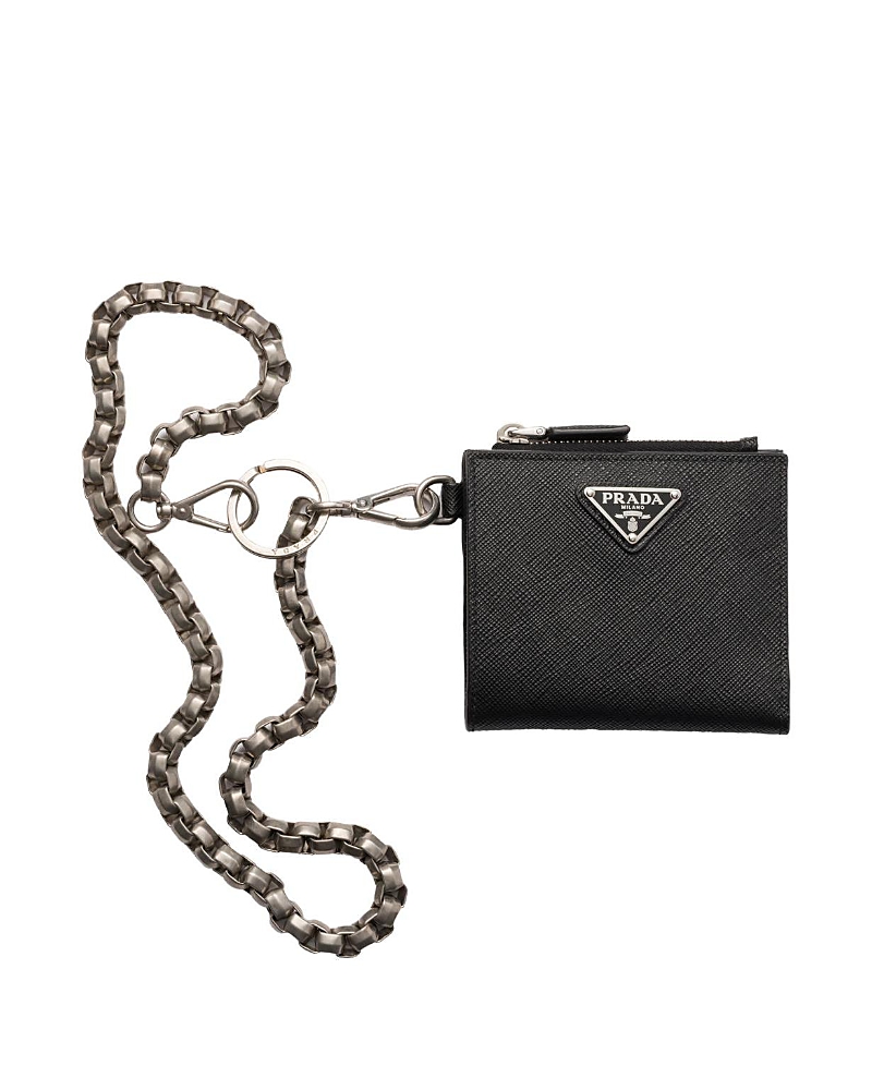 Prada Leather Wallet With Keyring Attachment And Metal Chain