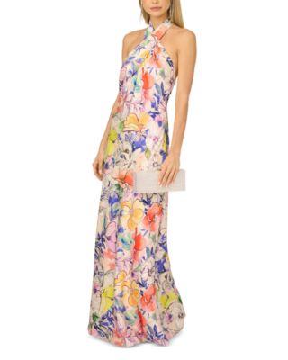 Printed Satin Halter Neck Gown