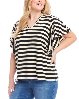 Plus Size Striped Flutter Sleeve V Neck Top