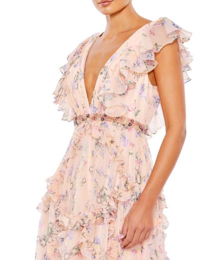 Ruffled Floral Print Cap Sleeve Gown