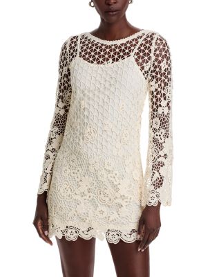 AQUA - Crochet Boat Neck Bell Sleeve Dress - Exclusive