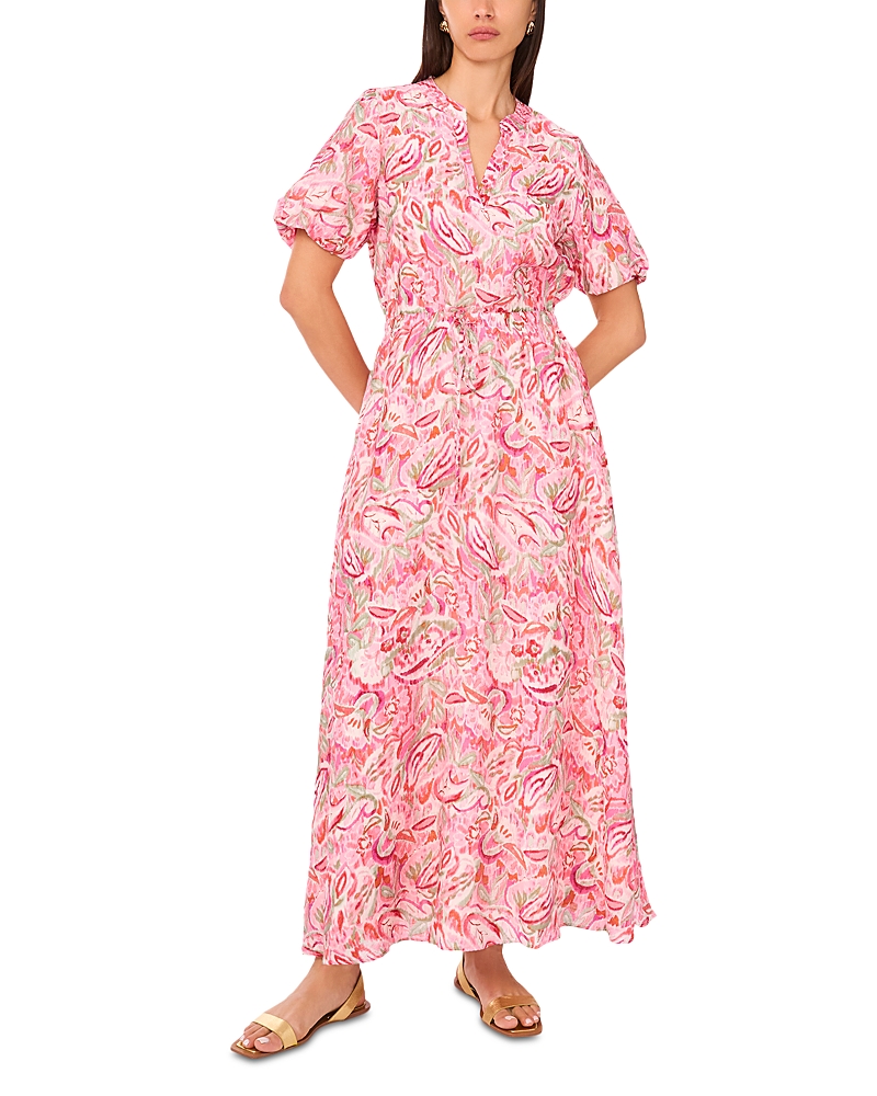Vince Camuto Printed Split Neck Puff Sleeve Dress