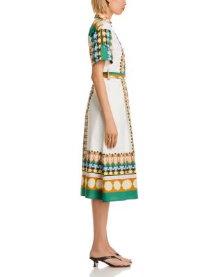 Printed Elbow Sleeve Tie Waist Dress