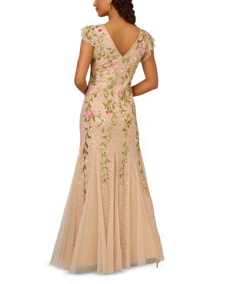 Beaded Mesh Flutter Sleeve Dress