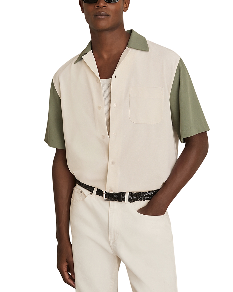 Reiss Peza Textured Color Block Cuban Shirt In Neutral