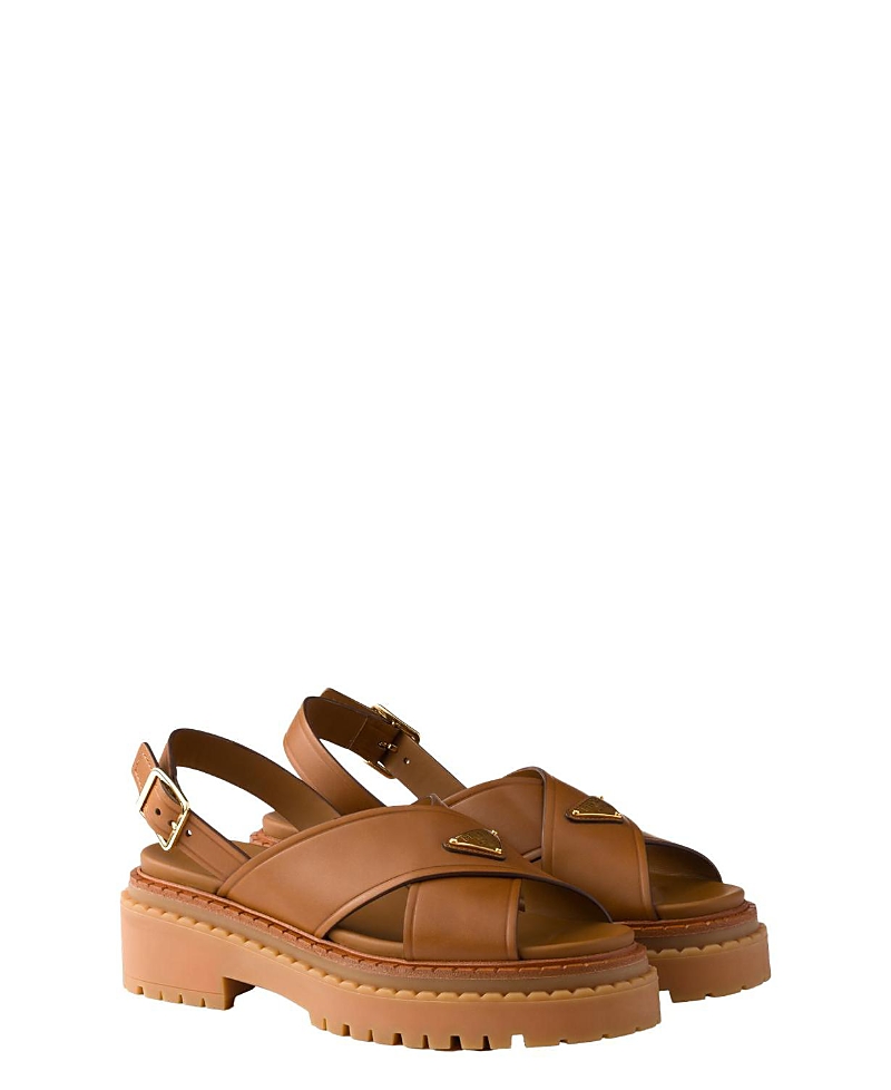 Prada Leather Crossover Platform Sandals 55 In Brown