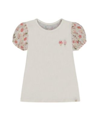 Deux par Deux - Girls' Bi-Material Organic Cotton Flowers with Puff Sleeve Top - Little Kid