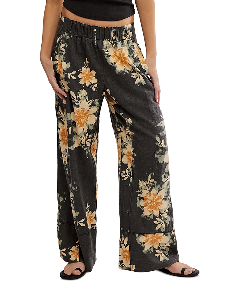Free People Days End Floral Wide Leg Linen Blend Pants In Black