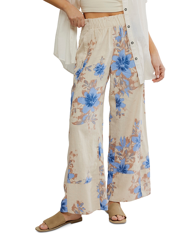 Free People Days End Floral Wide Leg Linen Blend Pants In Blue