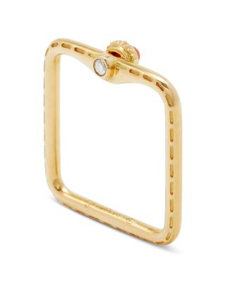 9K Yellow Gold Red Agate & Gray Diamond Bague Mini Gousset Square Shape Ring