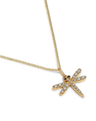 14K Yellow Gold Black & White Diamond Dragonfly Pendant Necklace, 18"