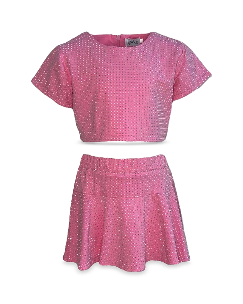 Lola + The Boys Girls' Taylor Crystal Studded Cropped Tee & Mini Skirt Set - Little Kid, Big Kid In Pink