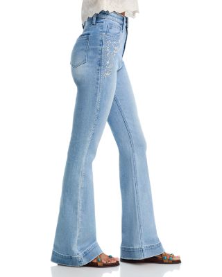 Embroidery Stud Bell Bottom High Rise Jeans in Light Wash - Exclusive