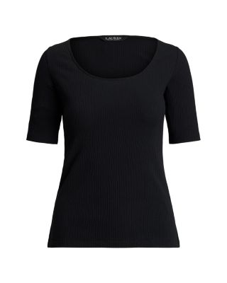 Rib Knit Cotton Blend Elbow Sleeve Tee