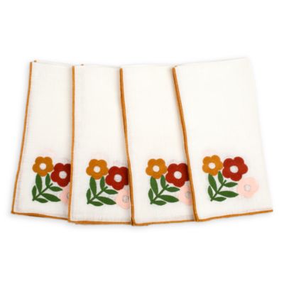 Floral Embroidered Linen Napkins, Set of 4