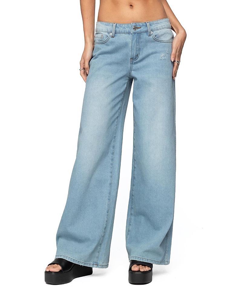Edikted Ripley Ripped Low Rise Wide Leg Jeans In Blue