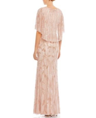 Embellished Cap Sleeve Faux Wrap Trumpet Gown