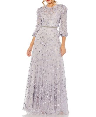 Floral Applique Puff Sleeve High Neck A-Line Gown