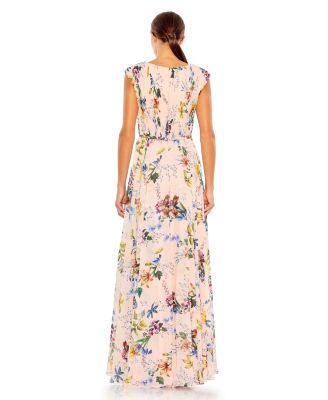 Pleated Floral Cap Sleeve A Line Gown