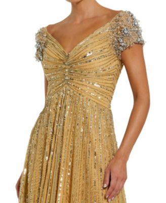  Striped Sequin Mesh Gown with Beaded Shoulders
