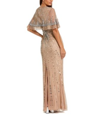 Fitted Beaded Mesh Gown With Capelet