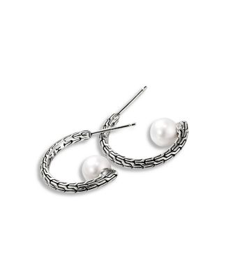 Sterling Silver JH Essentials Cultured Freshwater Pearl Carved Chain Hoop Earrings