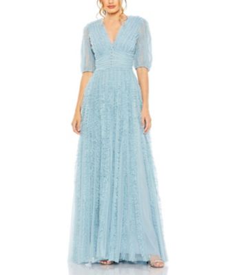 Mac Duggal - V Neck Puff Sleeve Ruffle Tiered A Line Gown