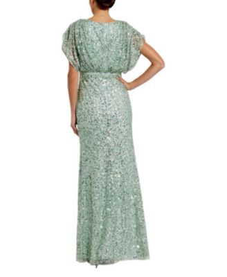 Draped Sleeves Ruched Waist Detail V-Neck Gown