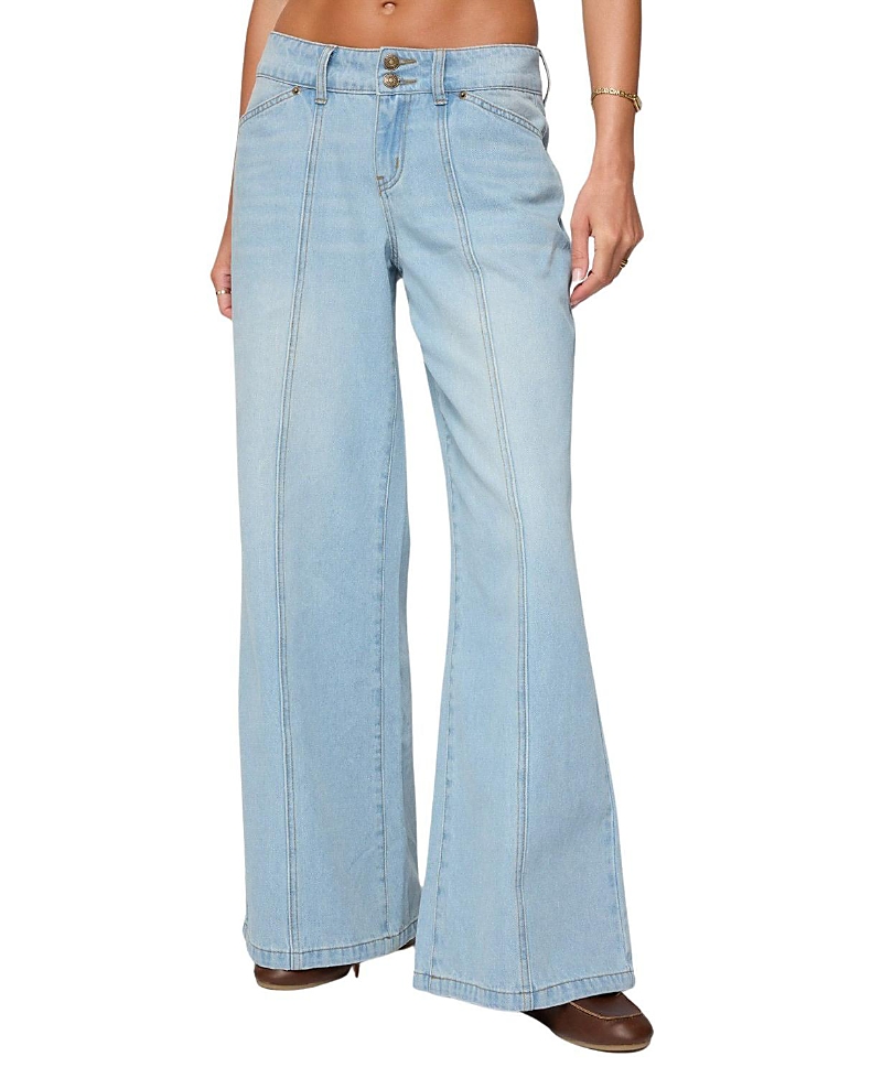 Edikted Charlie Panel Stitch Low Rise Light Rinse Wash Jeans In Blue