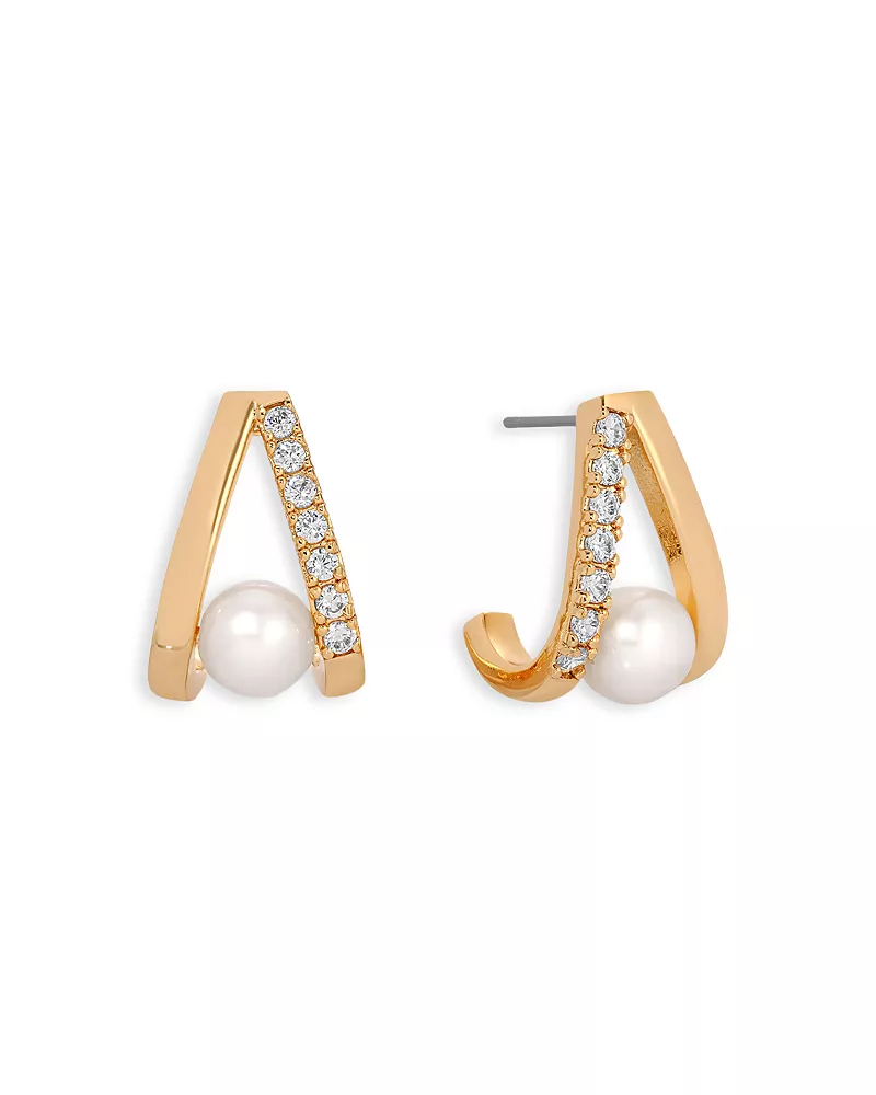 Ettika Pave & Cultured Freshwater Pearl Split J Hoop Earrings