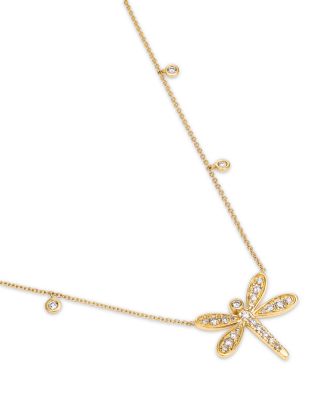 Diamond Droplet & Dragonfly Pendant Necklace in 14K Yellow Gold, 0.50 tcw