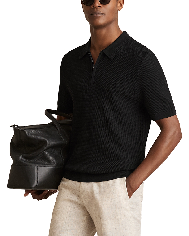 Reiss Textured Quarter Zip Polo Shirt In Black