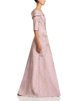 Jacquard Folded Off-the-Shoulder Elbow Sleeve Gown