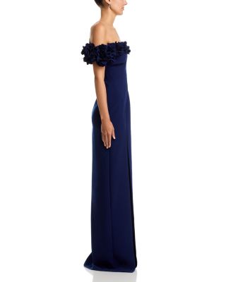 Stretch Crepe 3D Flower Asymmetric Neck Gown 