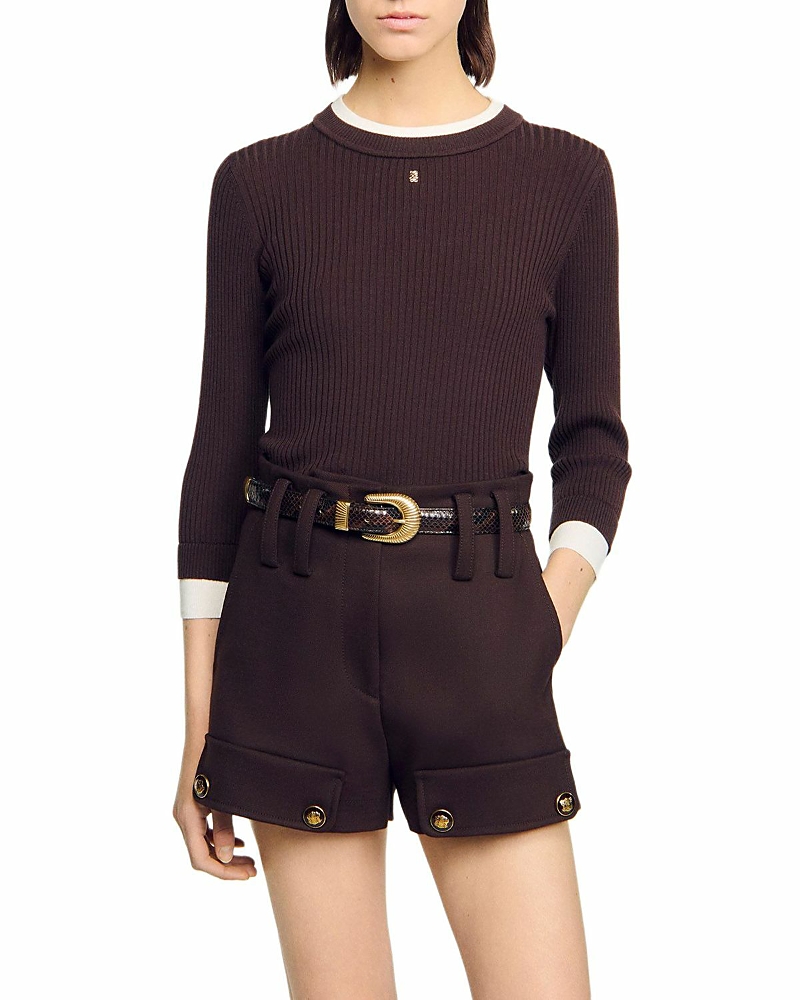 Sandro Womens Brown Brand-plaque Layered-trim Knitted Jumper In Brown