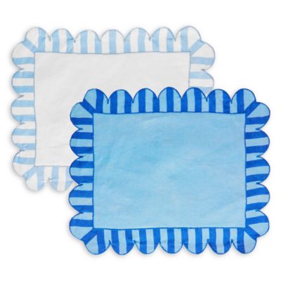 Jardin Embroidered Linen Scalloped Stripe Double-Sided Placemats, Set of 4