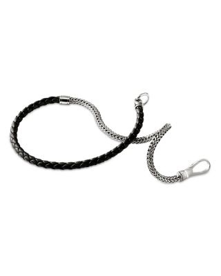 Men&#39;s Sterling Silver Icon Braided Leather &amp; Weave Double Wrap Bracelet