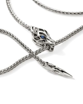 Sterling Silver Naga Blue Sapphire Dragon Lariat Necklace, 23"